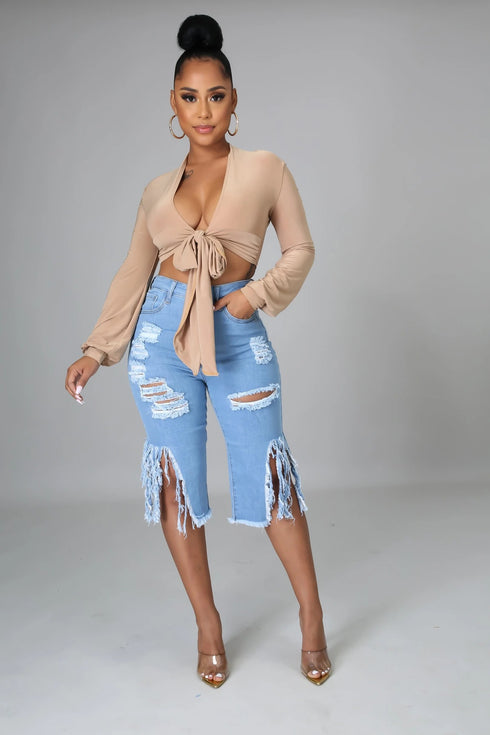 New Style Ripped Elastic Fringed Jeans Women High Waist Knee-length Casual Slim Fit - ROUTINE FASHION